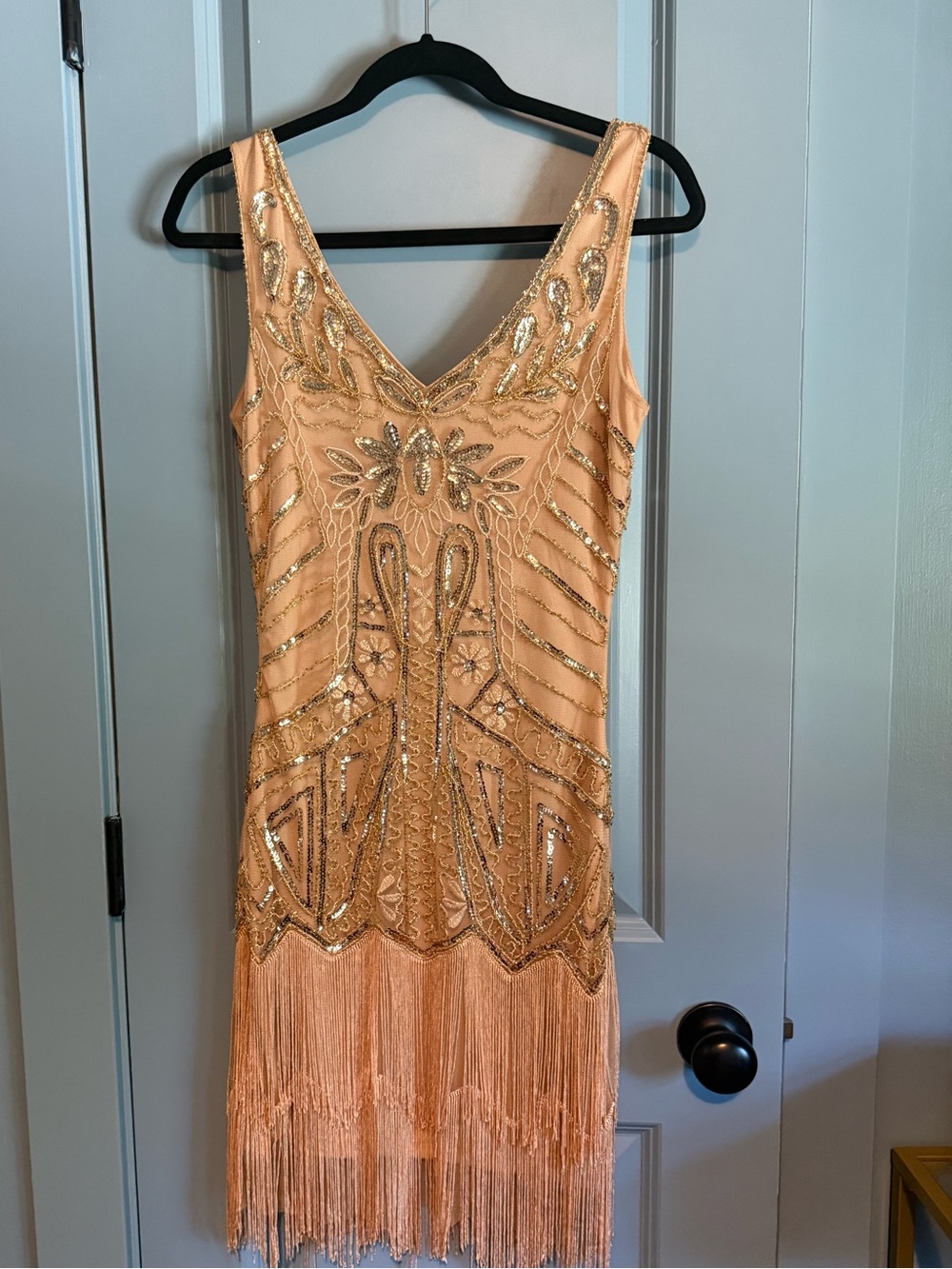 Embellished Tan Fringe Evening Dress